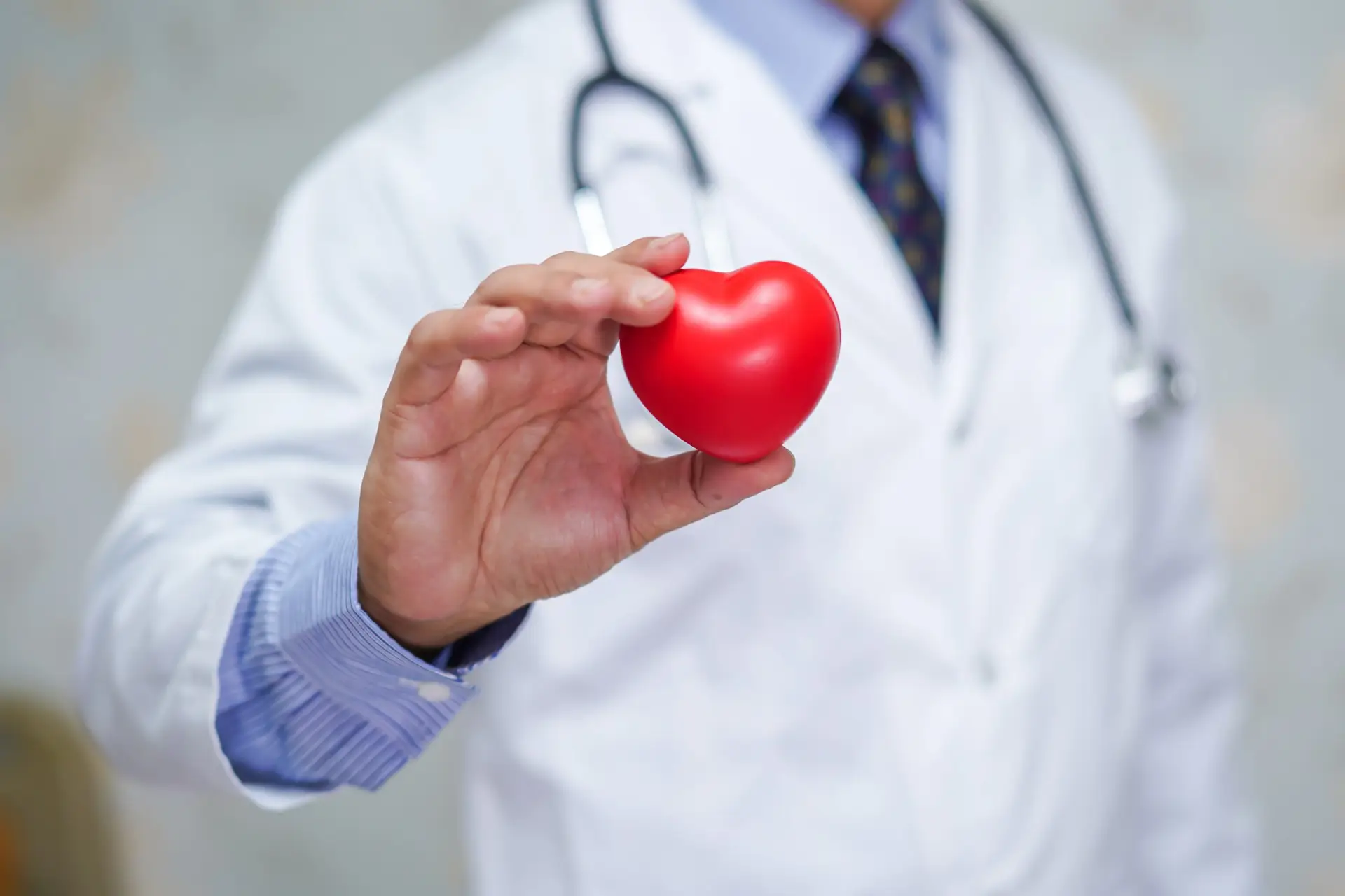 Doctor holding red heart in his hand in nursing hospital ward : healthy strong medical concept